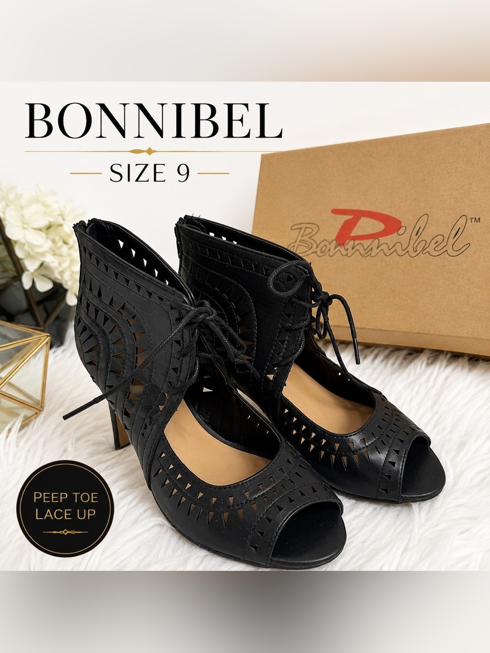 Bonnibel Black Cutout Lace-Up Wedge Sandals Peep Toe Size 9